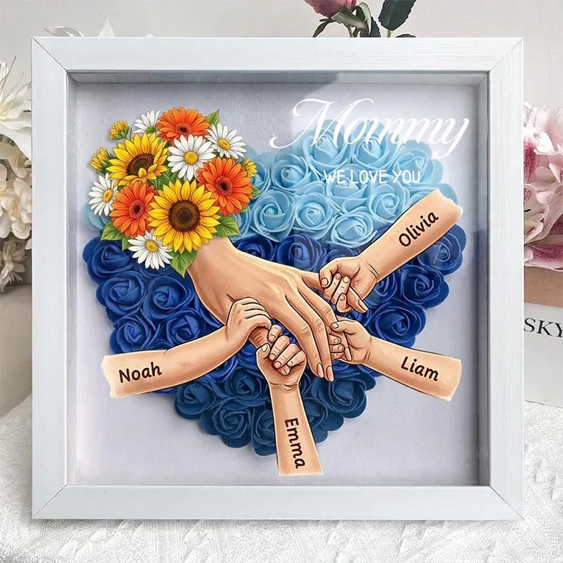 Sunflower Personalized Mom Holding Hands Memorial Shadow Box – Custom Name Remembrance Frame, Mother’s Day In Loving Memory Gift