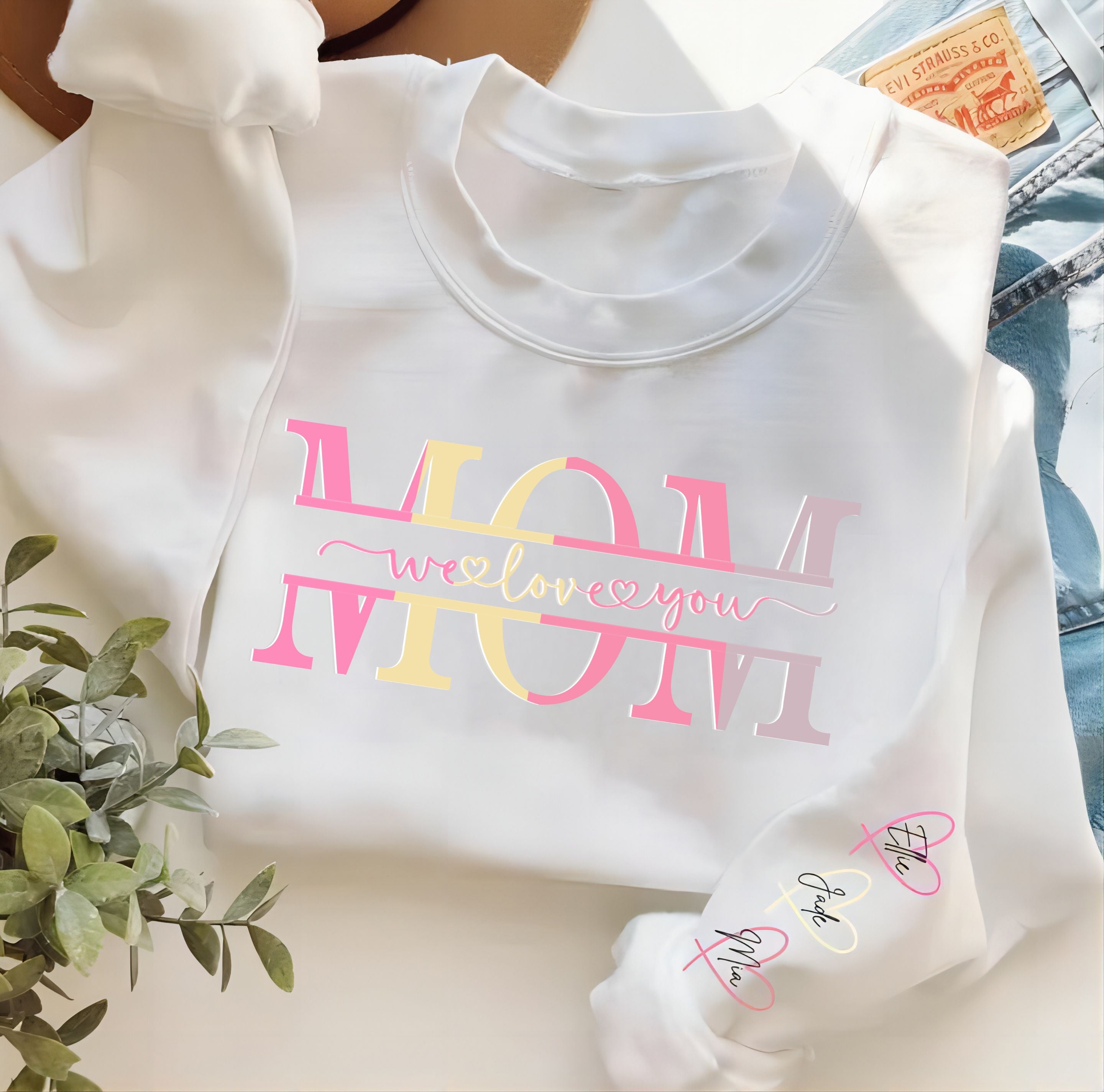 Personalized Wear Heart On Sleeve Mama we love you Sweatshirt with Kid Names on Sleeves-Mother's Day Sale