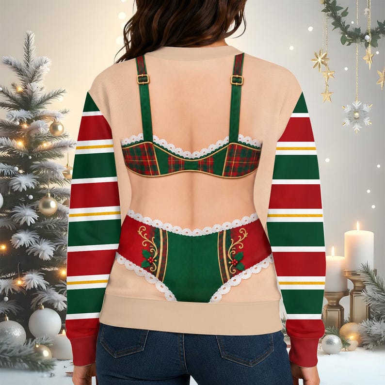 Christmas Sweatershirt for Women, Fake Ugly Xmas Sweater with Sexy Holiday Costume, Festive Party Fun Xmas Holiday Gift for Her