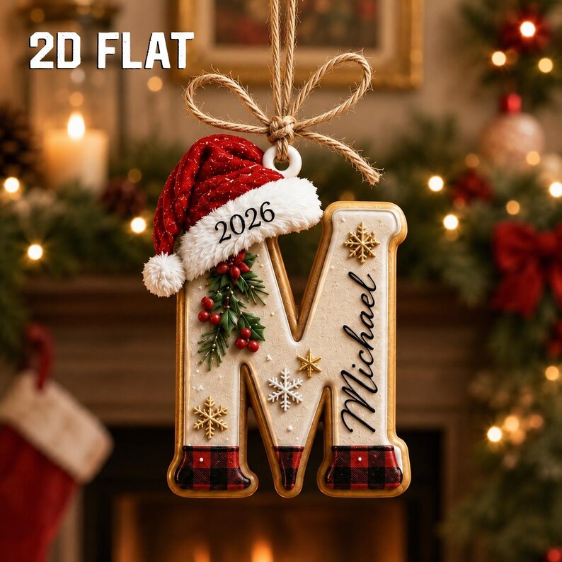Personalized 2D Flat Initial Christmas Ornament, Custom Name Wooden Letter Ornament, Family Christmas Keepsake