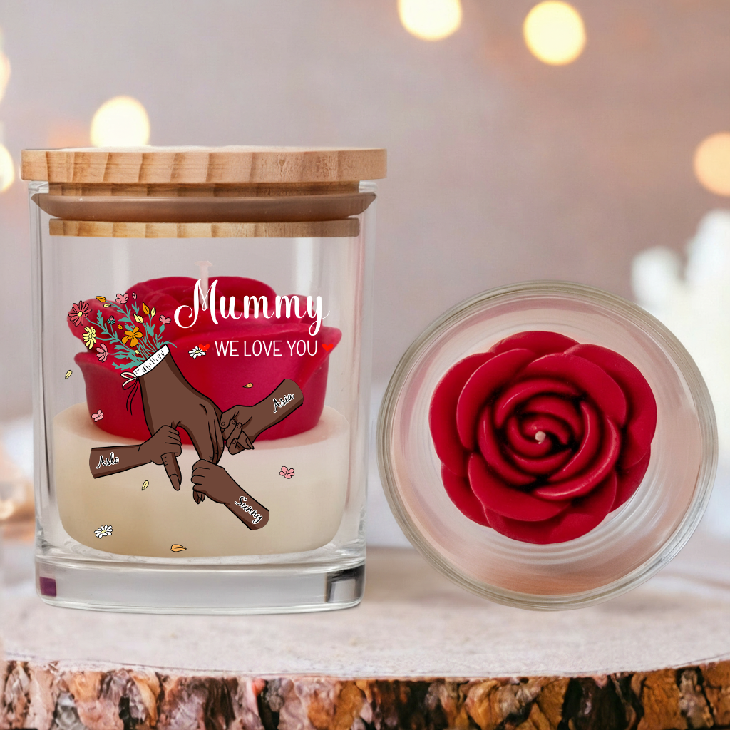 Personalized Floral Soy Wax Candle – Family Hands Design Gift for Mom, Mother’s Day Special