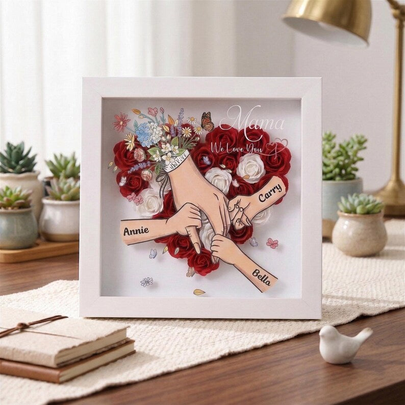 Personalised Rose Heart Hand Holding Flower Shadow Box With Kids Names Gift For Mother’S Day Gift