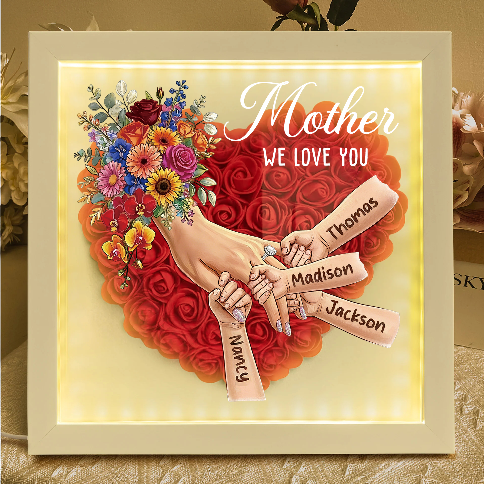 Mommy Holding Hands LED Shadow Box With Ring & Manicure – Custom Kids Names Floral Heart Frame Light Gift for Mom & Grandma | Mother’s Day Gift