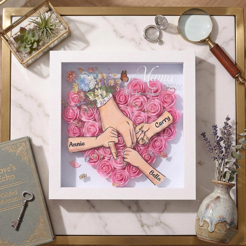 Personalised Rose Heart Hand Holding Flower Shadow Box With Kids Names Gift For Mother’S Day Gift