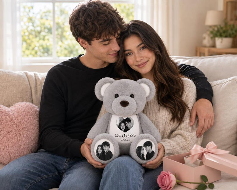 Personalized Photo Teddy Bear, Custom Couple Memory Plush, Anniversary Valentine Gift , Long Distance Relationship Keepsake