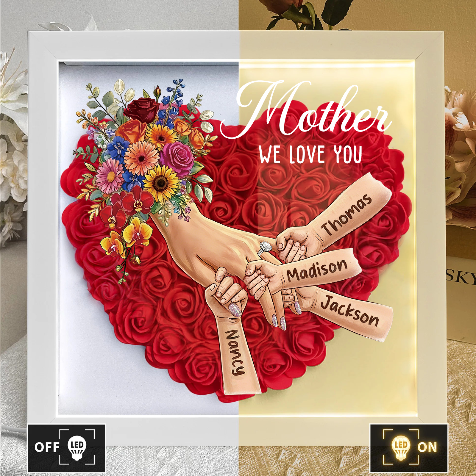 Mommy Holding Hands LED Shadow Box With Ring & Manicure – Custom Kids Names Floral Heart Frame Light Gift for Mom & Grandma | Mother’s Day Gift