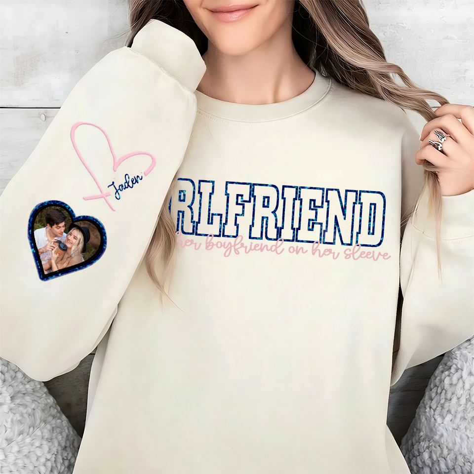 Custom Wear Your Heart On Your Sleeve Girlfriend Sweatshirt - Can Be Printed With Names And Couple Photos, The Perfect Valentine's Day Gift.