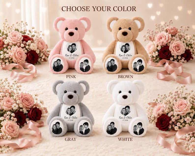 Personalized Photo Teddy Bear, Custom Couple Memory Plush, Anniversary Valentine Gift , Long Distance Relationship Keepsake