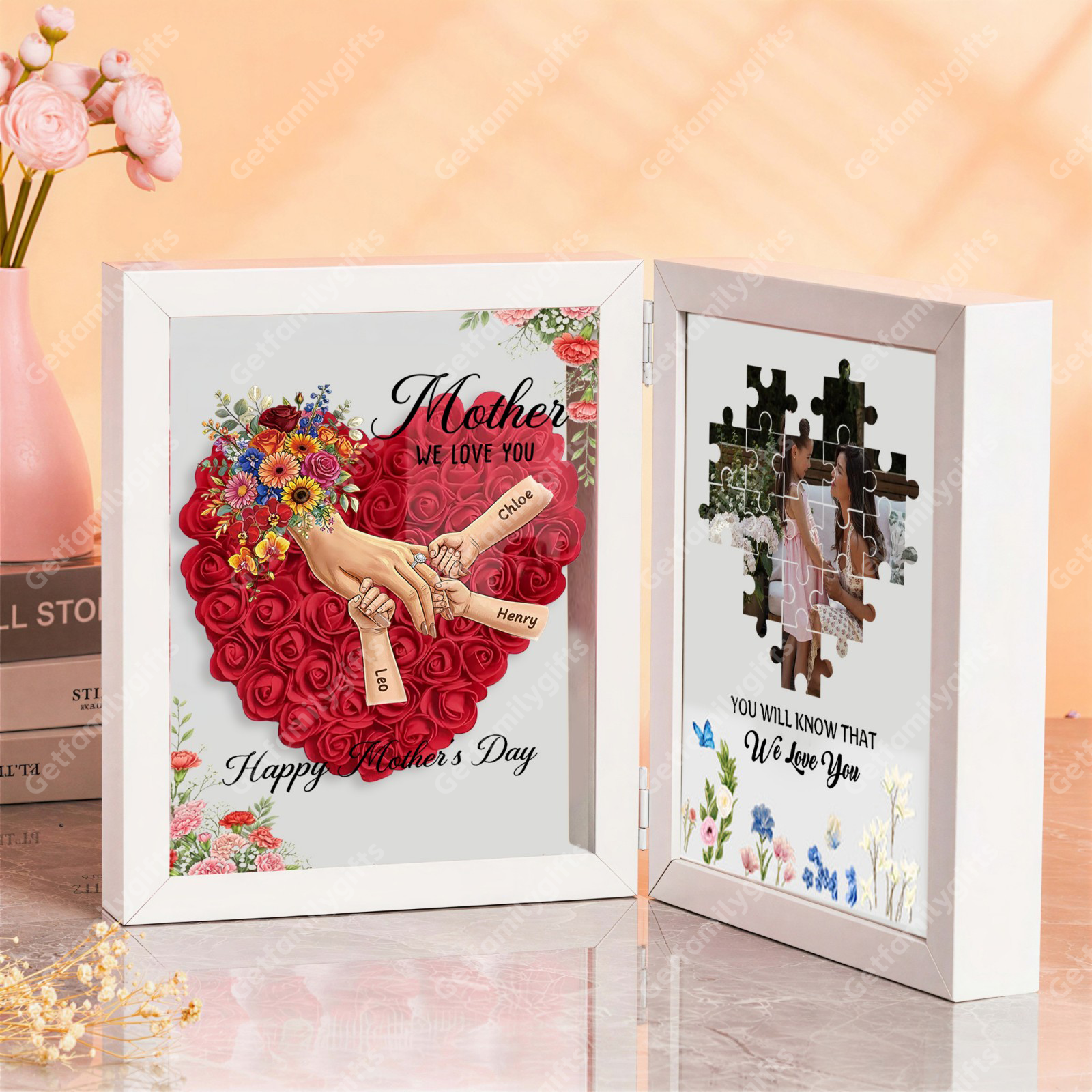 Personalized Mom Holding Hands Folding Flower Shadow Box-Mother's Day Gift