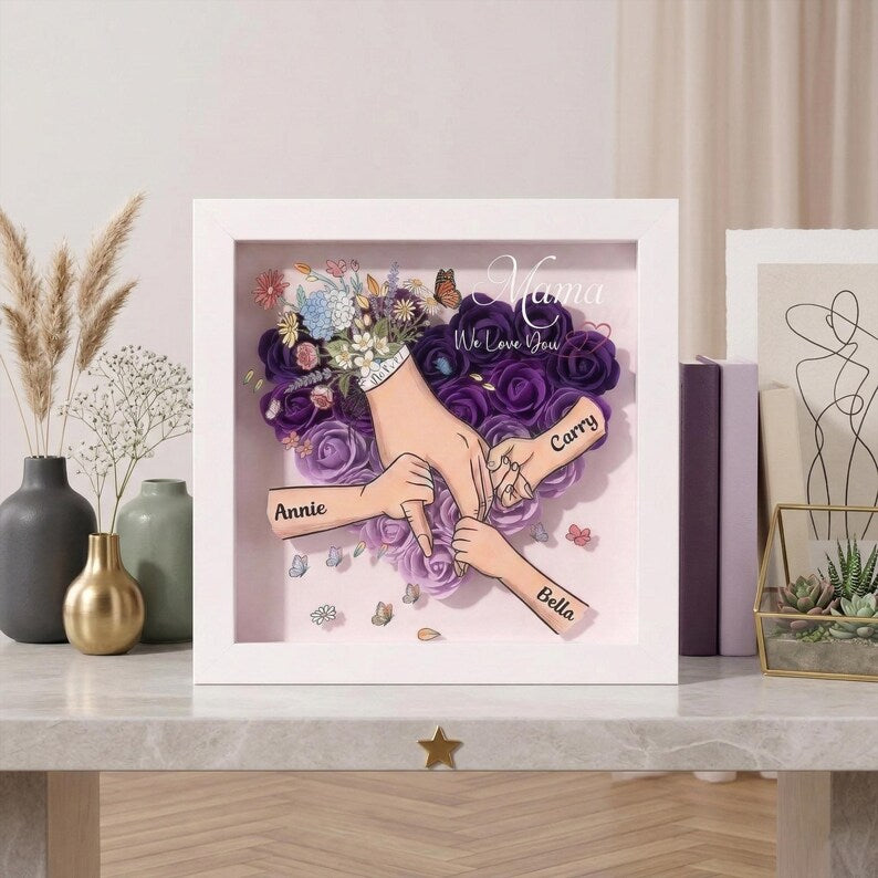Personalised Rose Heart Hand Holding Flower Shadow Box With Kids Names Gift For Mother’S Day Gift