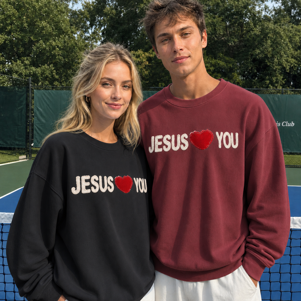 Custom Applique Couple Sweatshirt – Red Heart & Both Names Appliqued with Your Choice of Fabric, Personalized Gift for Boyfriend/Girlfriend, Anniversary Valentine's Day