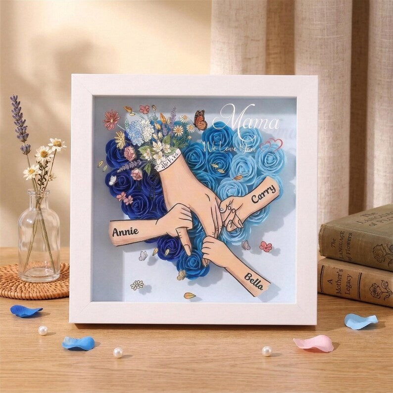Personalised Rose Heart Hand Holding Flower Shadow Box With Kids Names Gift For Mother’S Day Gift