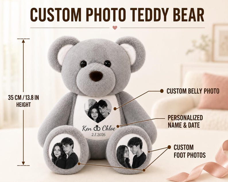 Personalized Photo Teddy Bear, Custom Couple Memory Plush, Anniversary Valentine Gift , Long Distance Relationship Keepsake