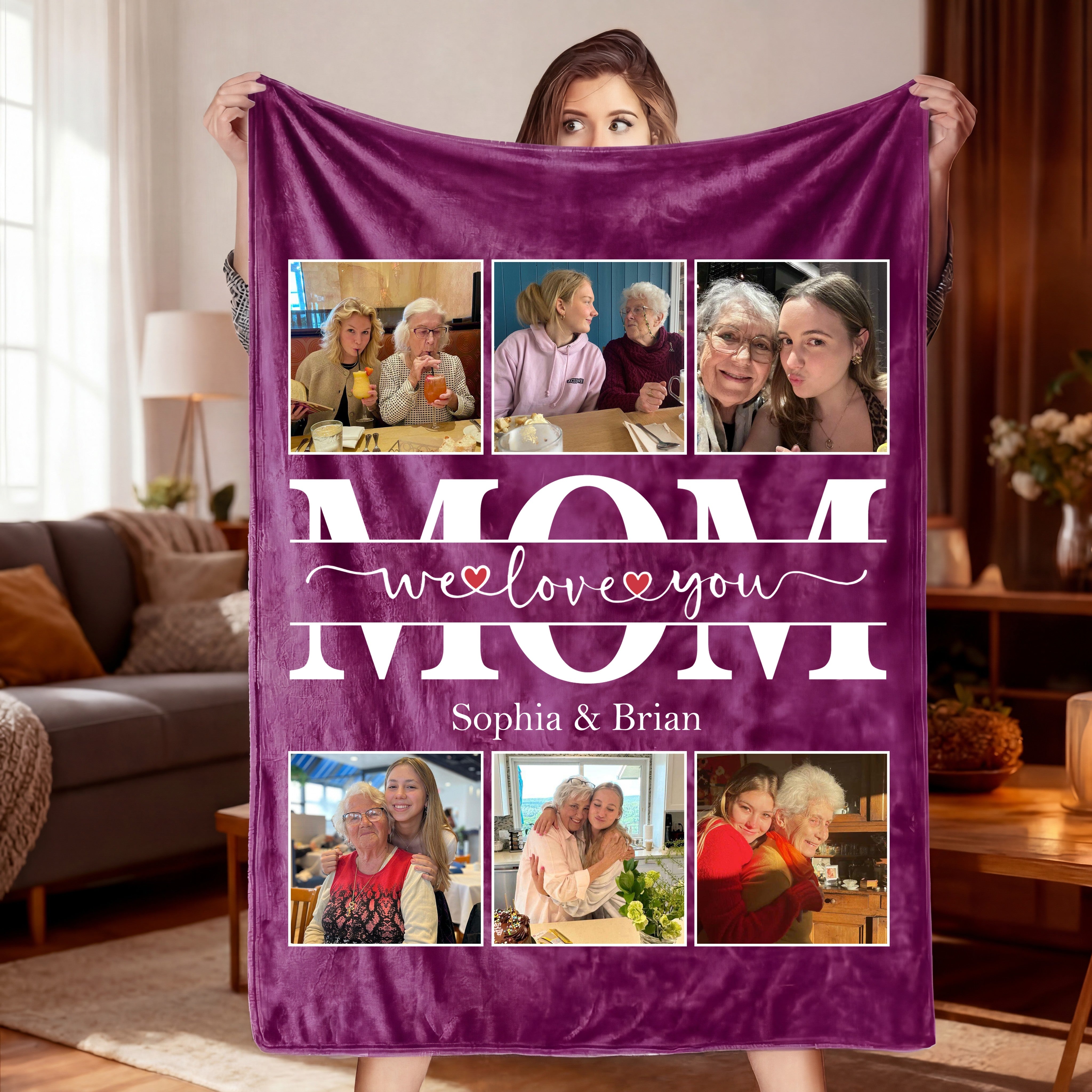 Custom Photo MOM Blanket with Names – Personalized Family Photo Blanket for Mom | Mother’s Day Gift