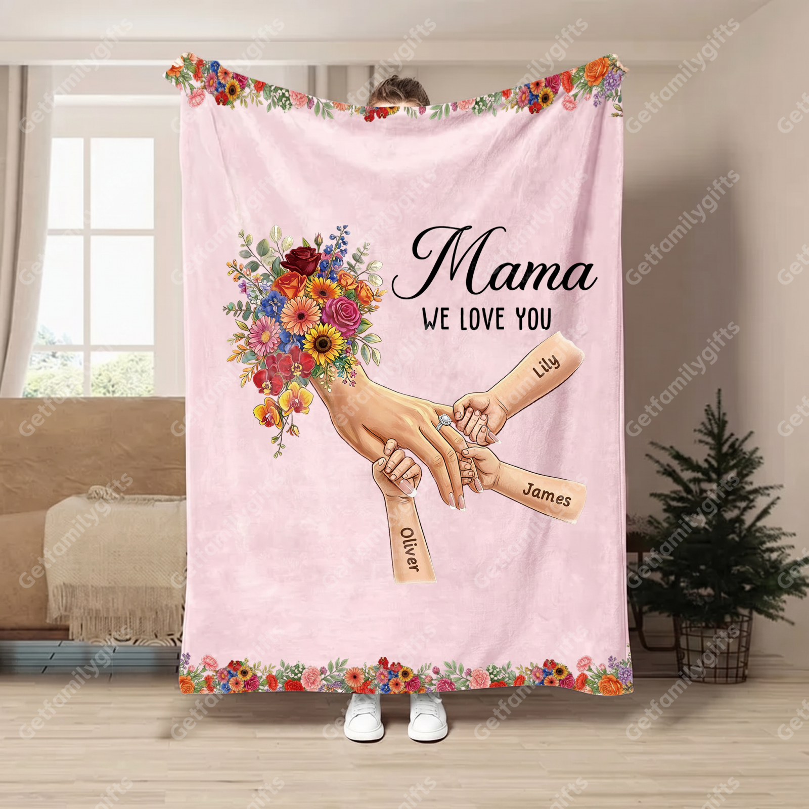 Personalized Mommy Holding Hands Blanket with Ring & Manicure-Mother's Day Gift