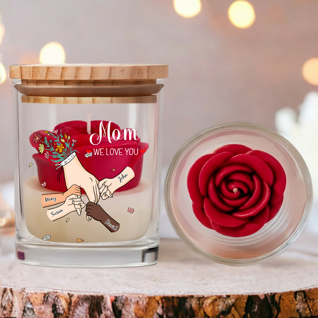 Personalized Floral Soy Wax Candle – Family Hands Design Gift for Mom, Mother’s Day Special