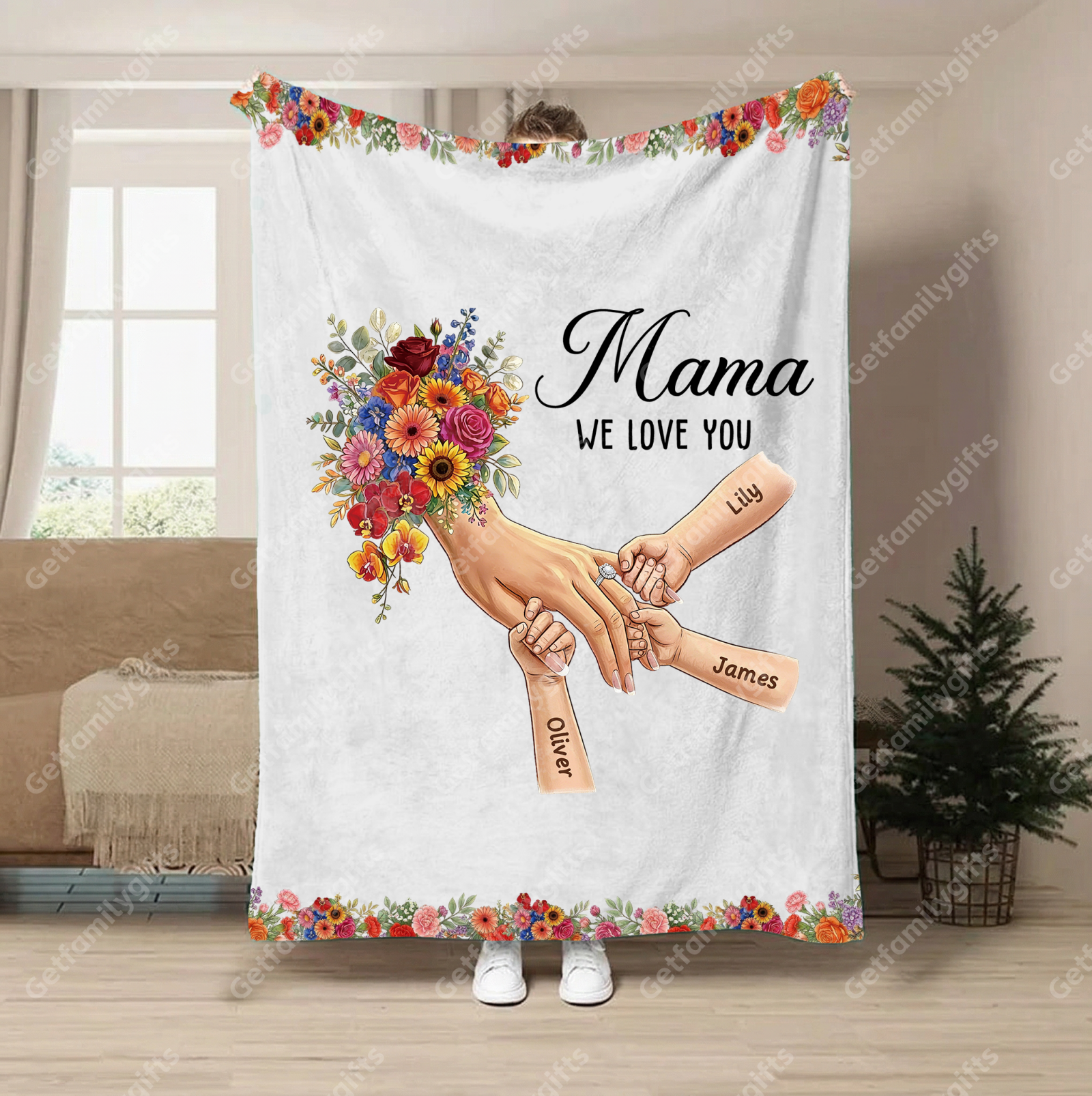 Personalized Mommy Holding Hands Blanket with Ring & Manicure-Mother's Day Gift