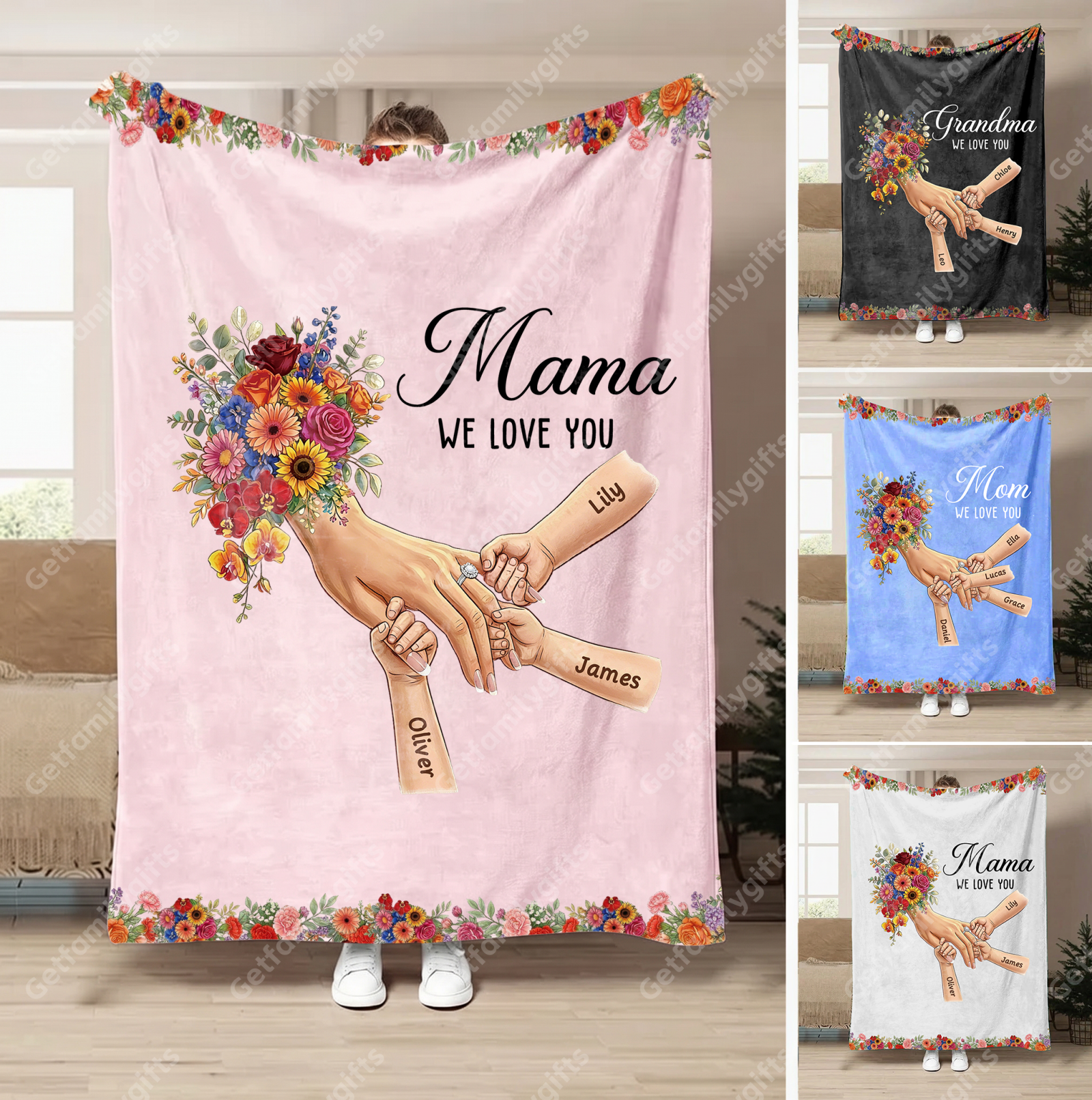 Personalized Mommy Holding Hands Blanket with Ring & Manicure-Mother's Day Gift