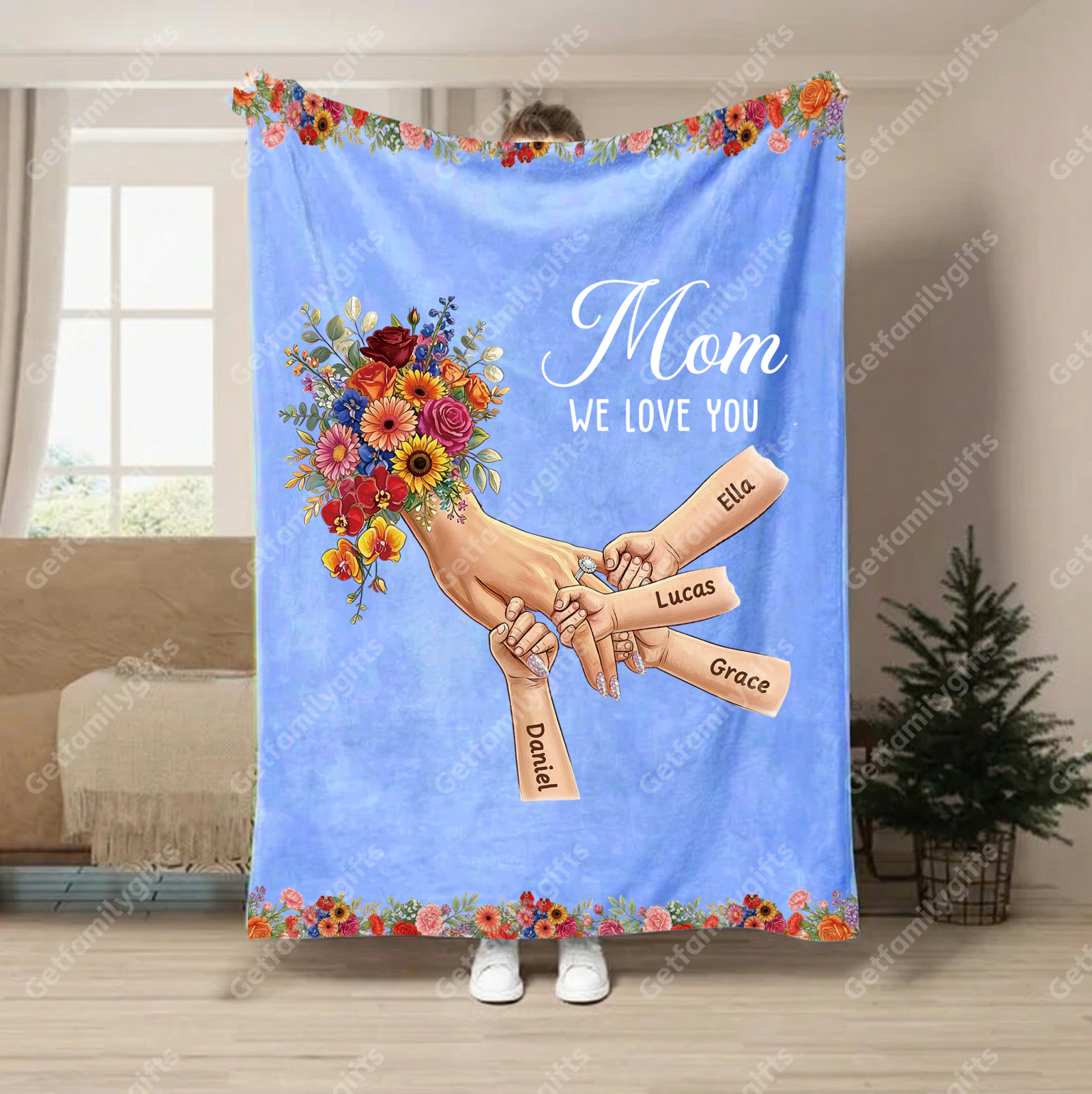 Personalized Mommy Holding Hands Blanket with Ring & Manicure-Mother's Day Gift