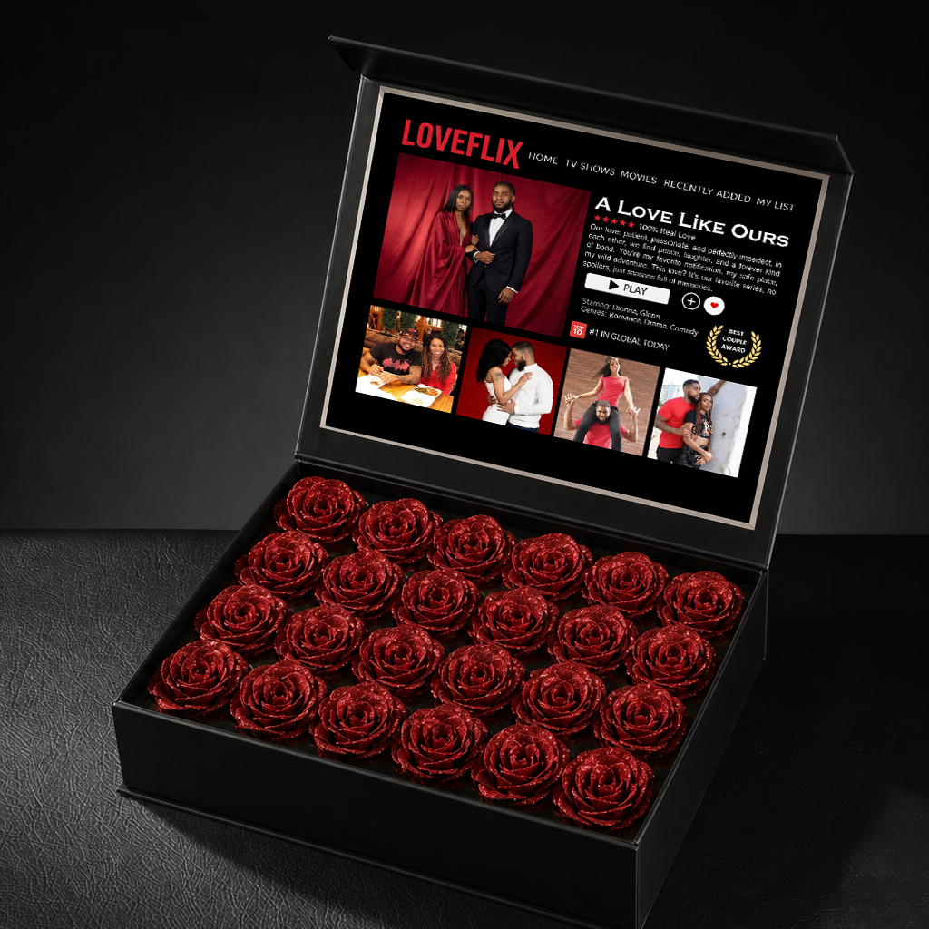 Custom LOVEFLIX Keepsake Box With Glitter Roses – Personalized Loveflix‑Style Couple Gifts