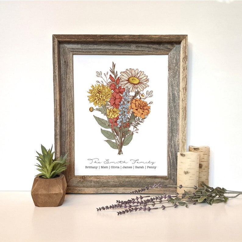 Custom Grandma's Garden Birth Flower Bouquet Art Print For Mother's Day Gift