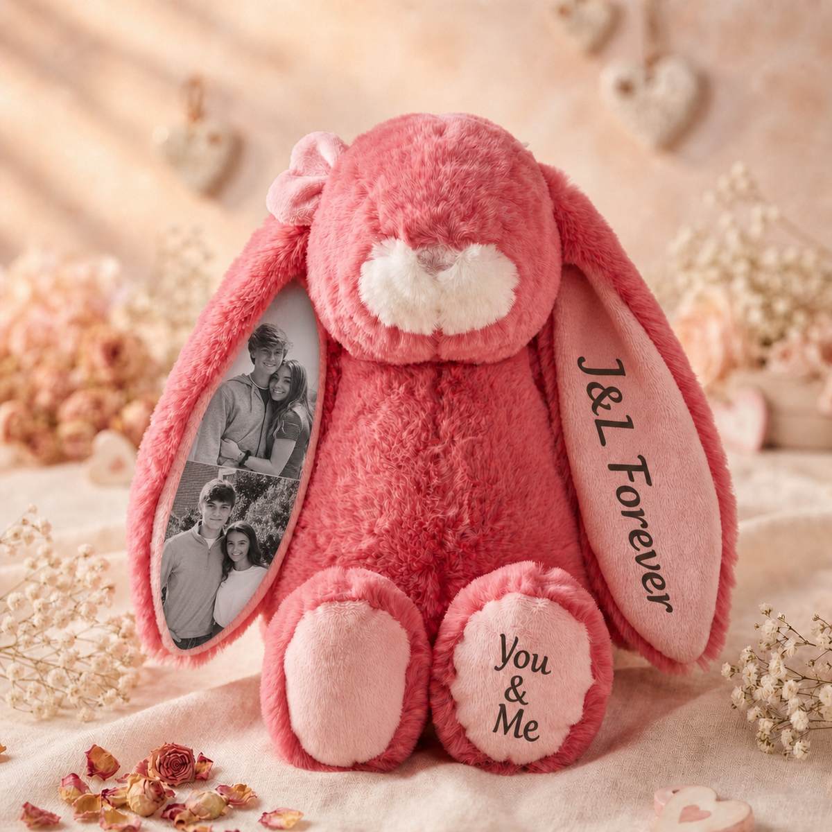 Personalized Bunny Plush with Photo, Name & Custom Foot Message – A Sweet Gift for Couples, Kids & Loved Ones
