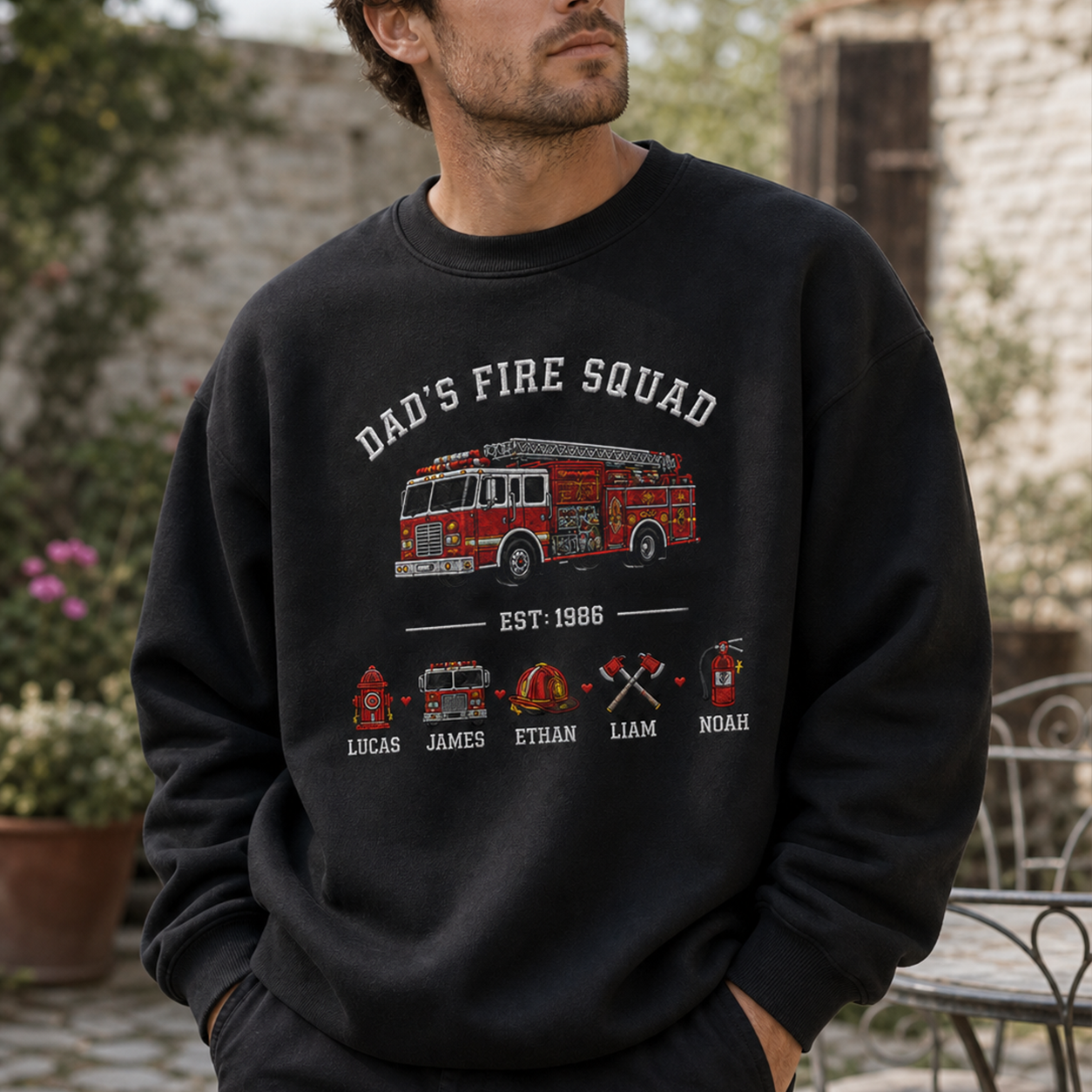 Custom Car Embroidered Sweatshirt for Firefighter Dad – Personalize with Icon and kids names– Gift for Fireman Father