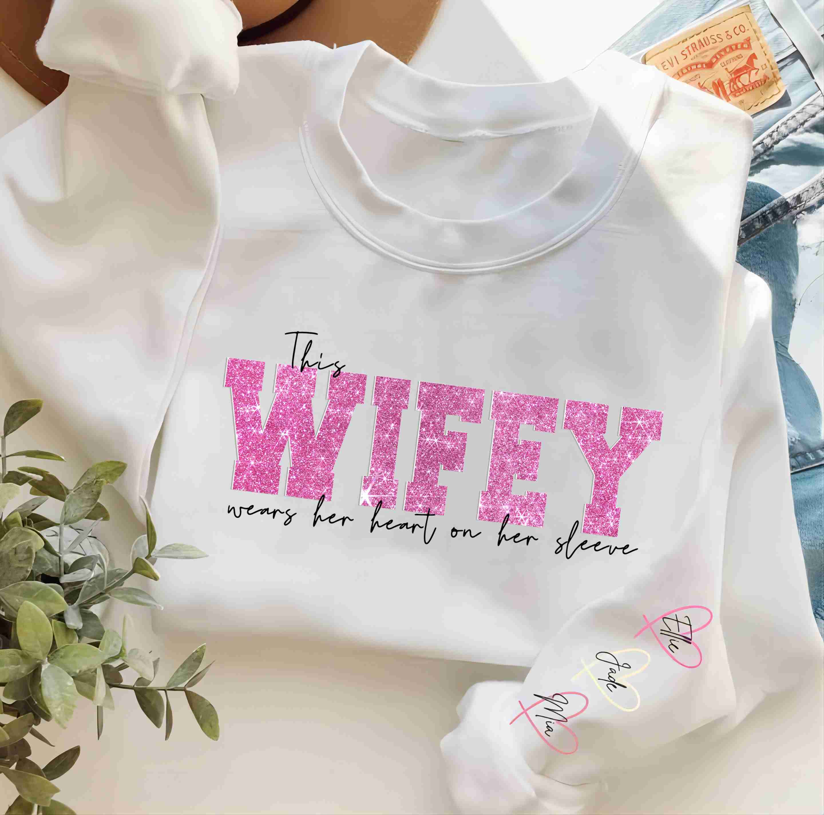 Personalized Wifey Wear Heart On Sleeve Mama Hot Stamping Sweatshirt with Kid Names on Sleeves-Mother's Gift
