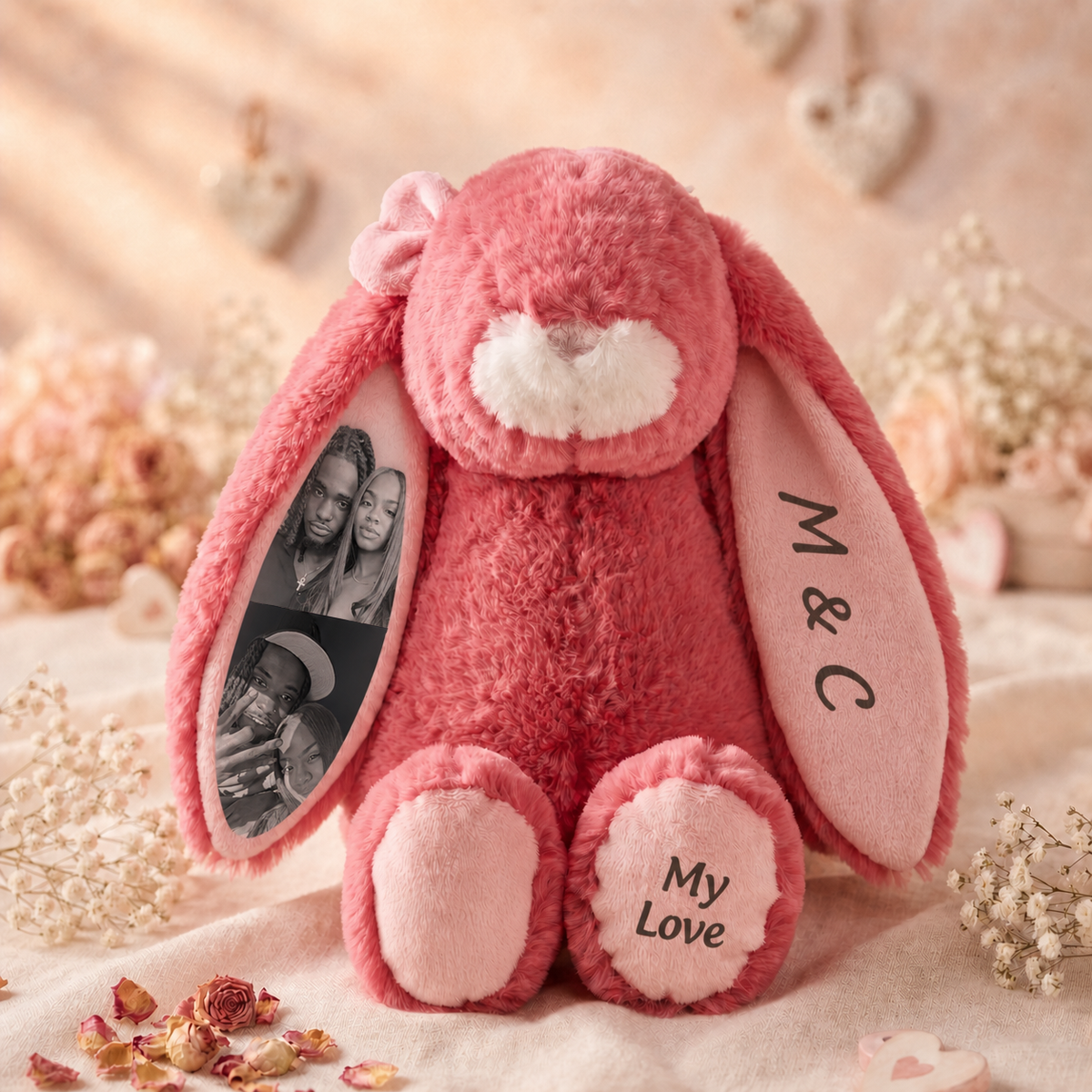 Personalized Bunny Plush with Photo, Name & Custom Foot Message – A Sweet Gift for Couples, Kids & Loved Ones
