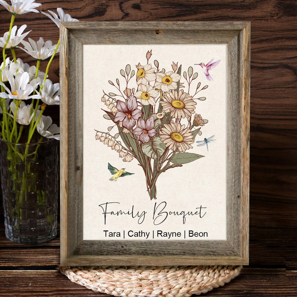 Custom Nana's Garden Birth Flower Bouquet Art Frame with Kids Names Gift Ideas for Mom
