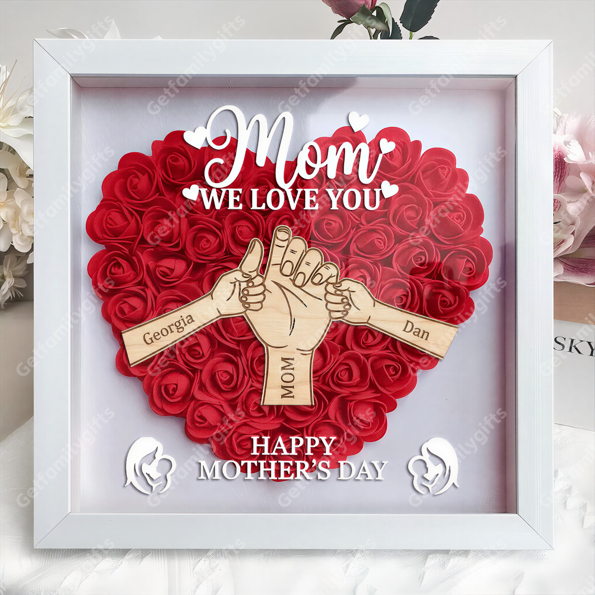 Personalized Mom Hand-in-Hand Shadow Box – Wooden 3D Heart Flower Frame With Kids Names