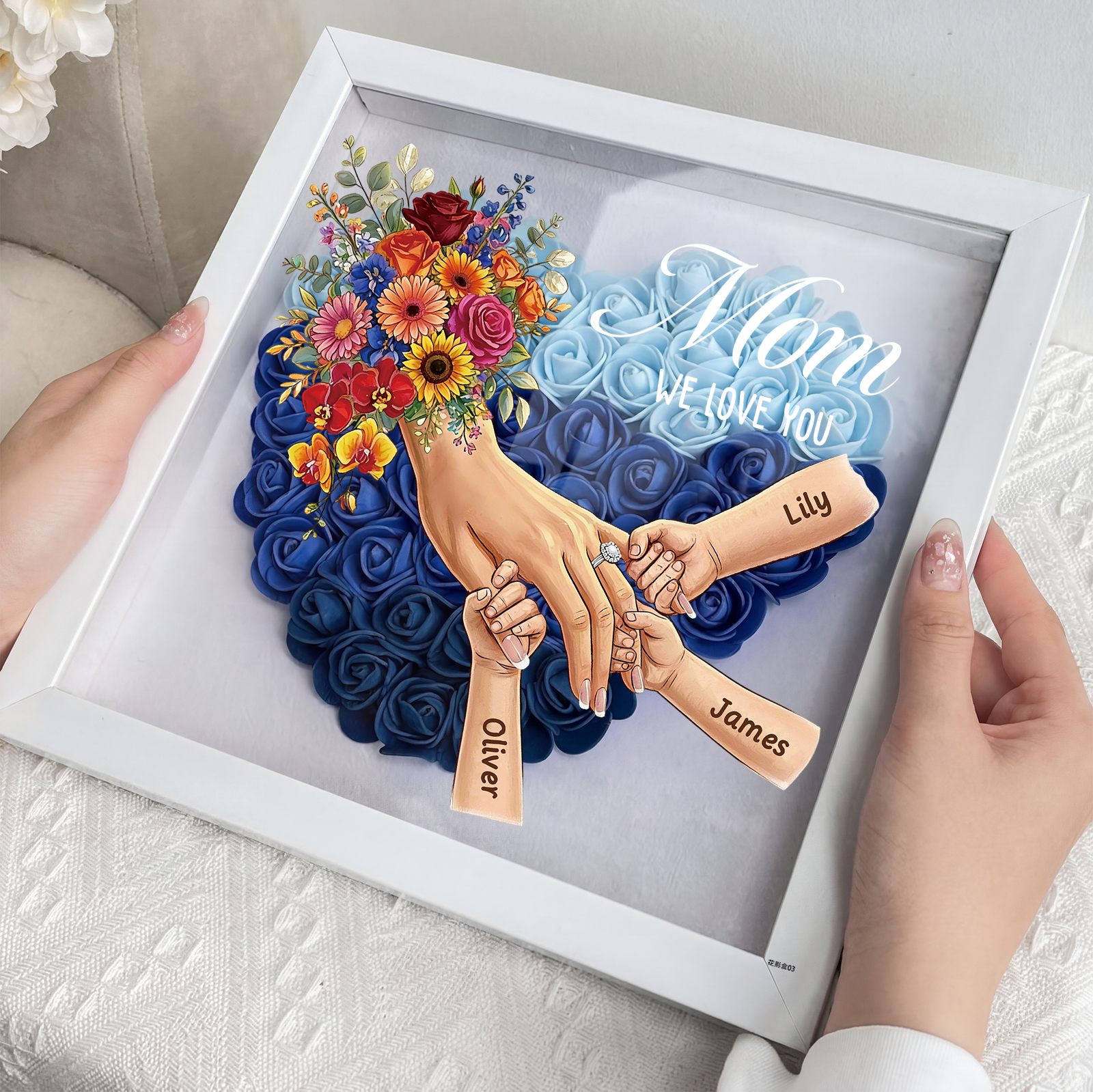 Mommy Holding Hands LED Shadow Box With Ring & Manicure – Custom Kids Names Floral Heart Frame Light Gift for Mom & Grandma | Mother’s Day Gift