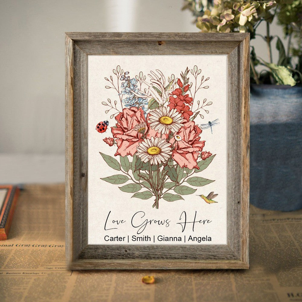Custom Nana's Garden Birth Flower Bouquet Art Frame with Kids Names Gift Ideas for Mom