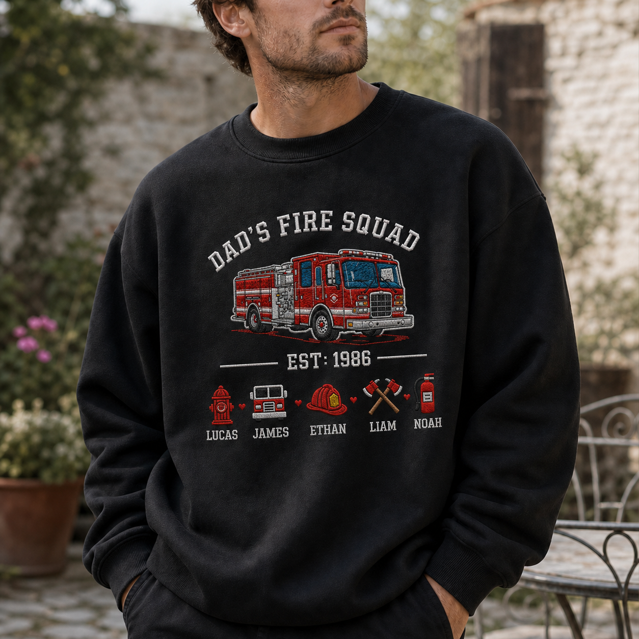 Dad's Fire Squad - Personalized Firefighter Dad Sweatshirt With His Little Heroes' Names