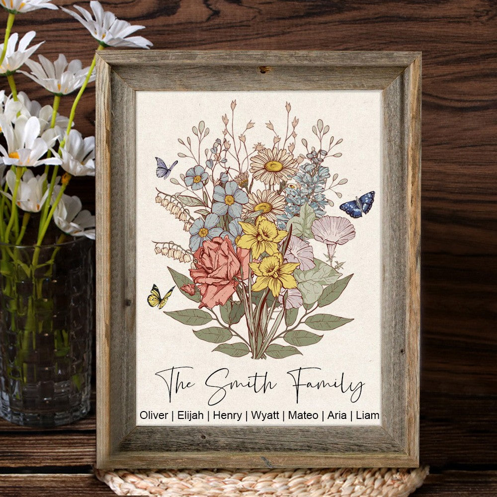 Custom Family Birth Flower Bouquet Art Print Frame with Kids Names Gift For Mother's Day (Customized free)