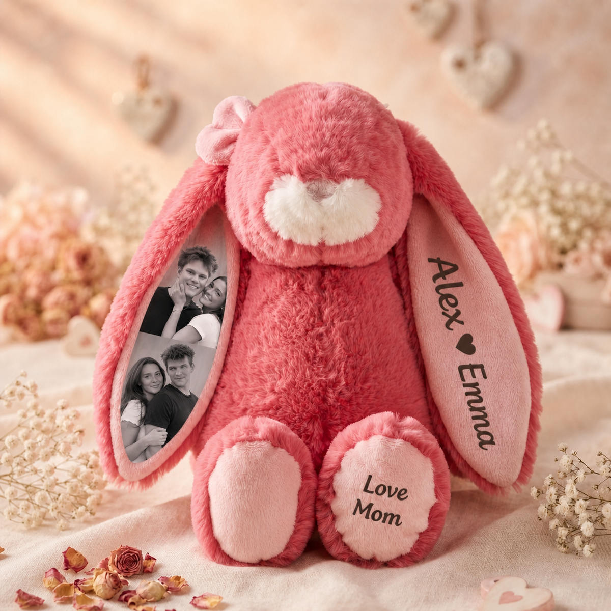 Personalized Bunny Plush with Photo, Name & Custom Foot Message – A Sweet Gift for Couples, Kids & Loved Ones