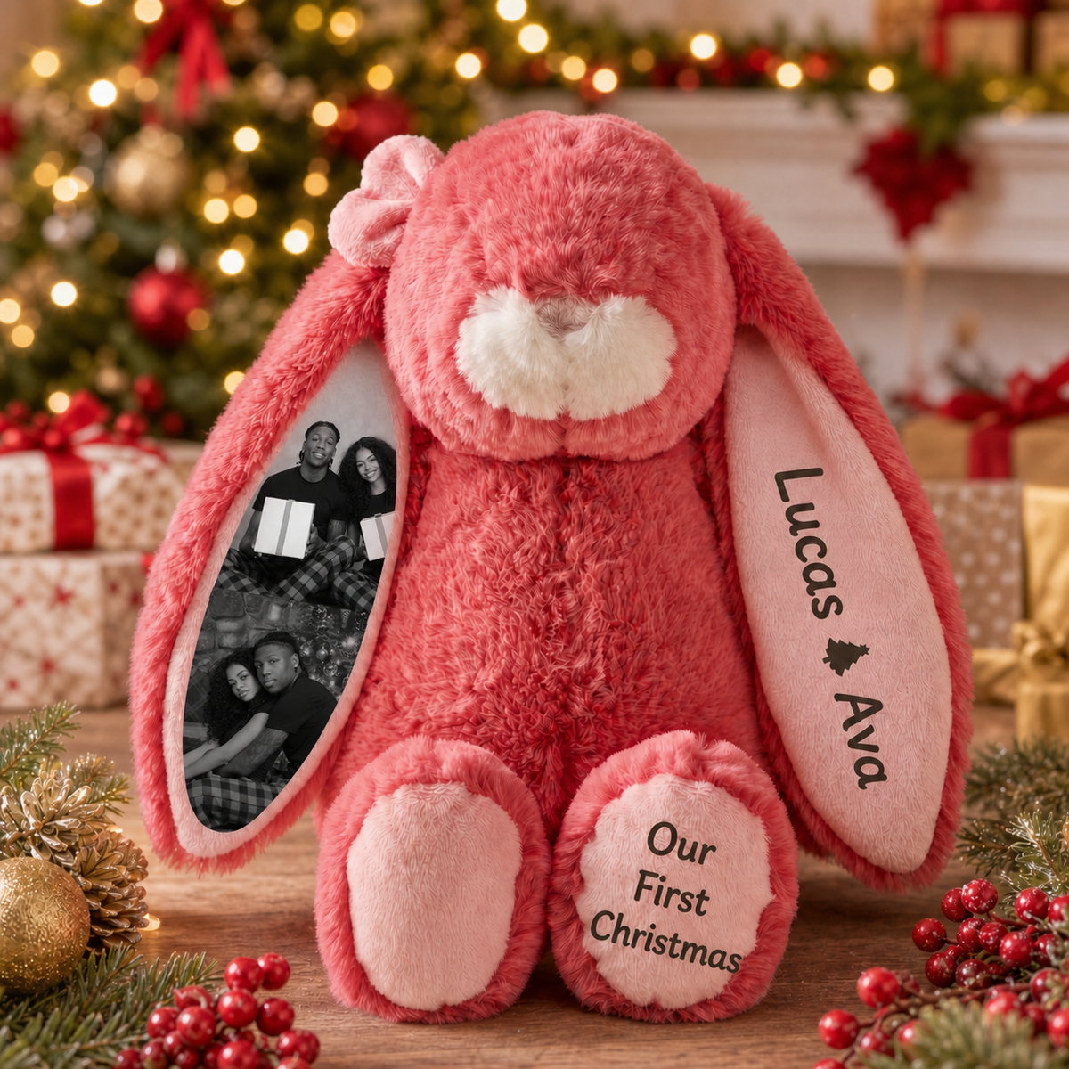 Personalized Bunny Plush with Photo, Name & Custom Foot Message – A Sweet Gift for Couples, Kids & Loved Ones