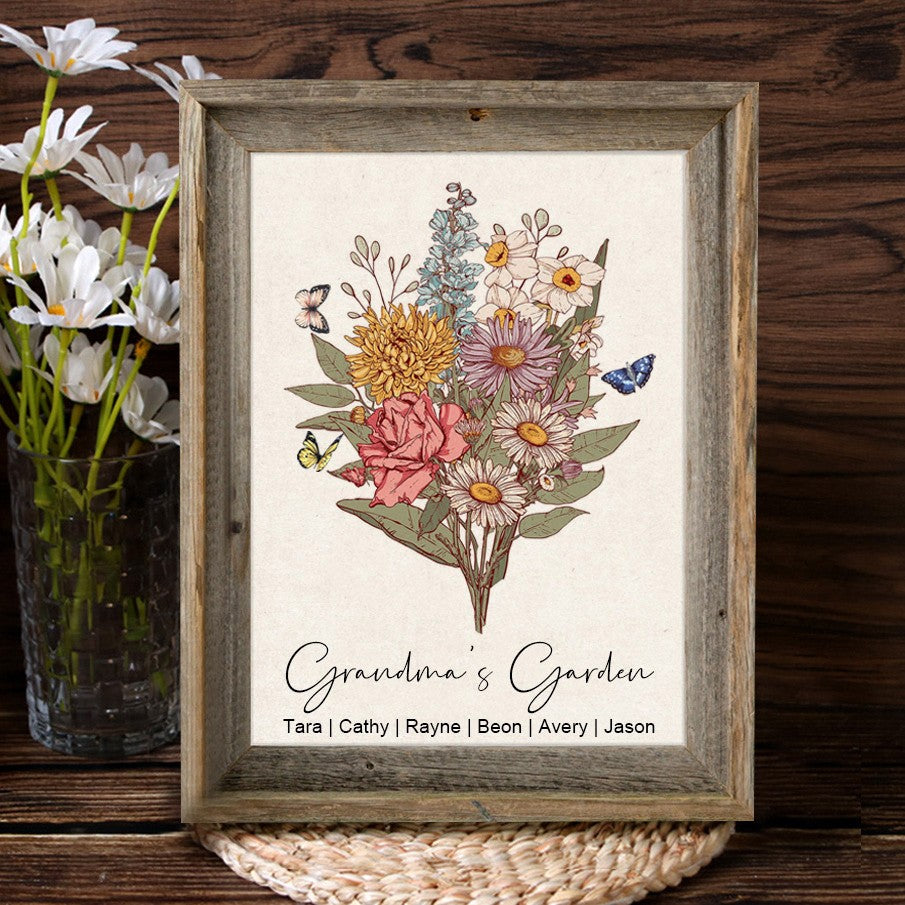 Custom Family Birth Flower Bouquet Art Print Frame with Kids Names Gift For Mother's Day (Customized free)