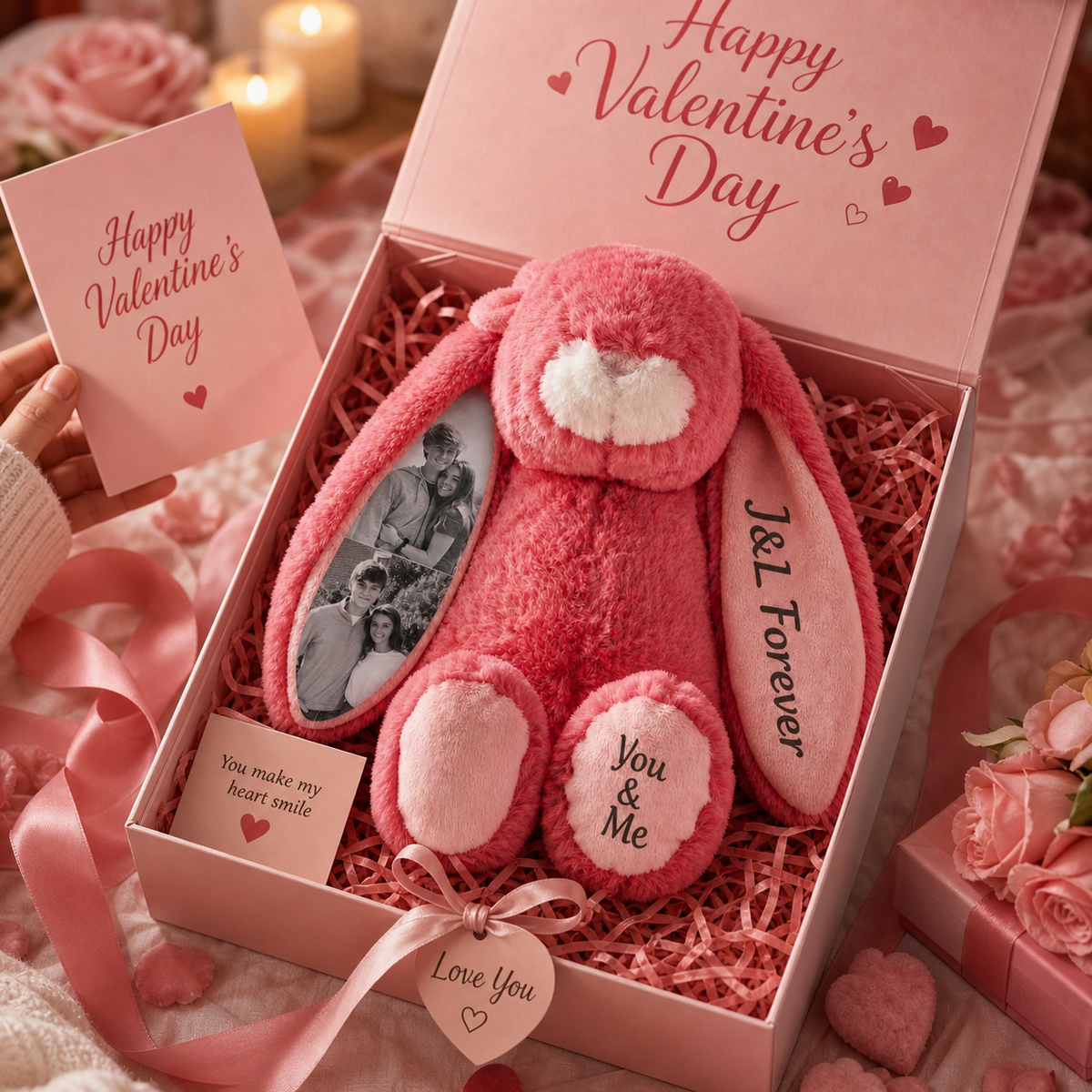 Personalized Bunny Plush with Photo, Name & Custom Foot Message – A Sweet Gift for Couples, Kids & Loved Ones