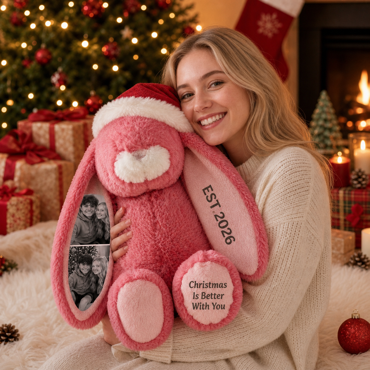 Personalized Bunny Plush with Photo, Name & Custom Foot Message – A Sweet Gift for Couples, Kids & Loved Ones