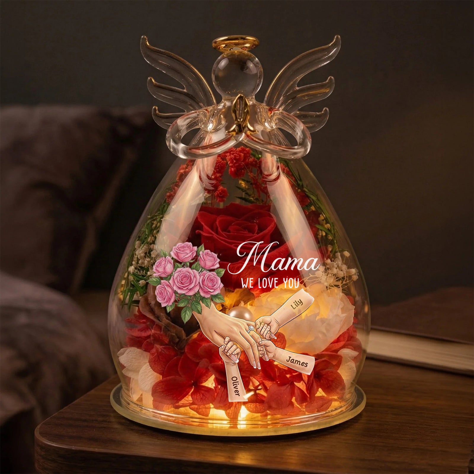 Mommy Holding Hands Personalized Flower In Angel Figurines with Ring & Manicure-Mother's Day Gift
