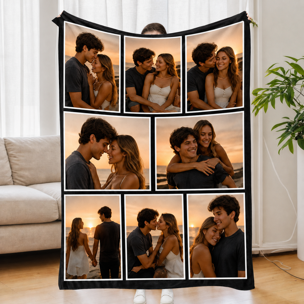 Personalized 8-Photo Grid Collage Throw Blanket | Custom Couple Memory Photo Blanket, Romantic Anniversary Gift