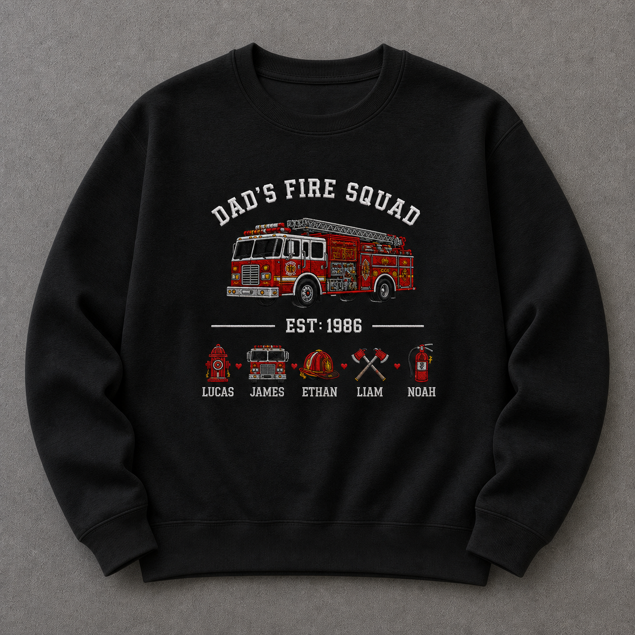 Custom Car Embroidered Sweatshirt for Firefighter Dad – Personalize with Icon and kids names– Gift for Fireman Father