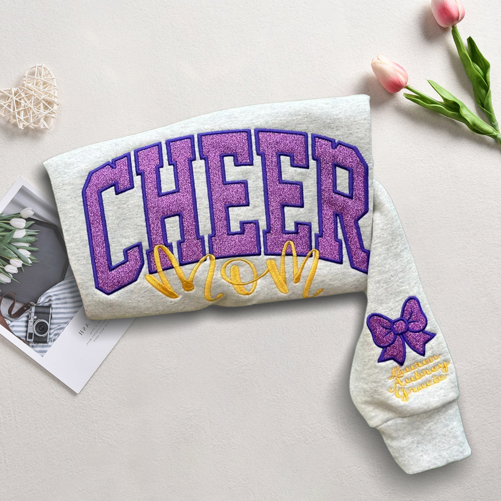 Embroidered Glitter Cheer Mom Sweatshirt With Kids Names On The Sleeve