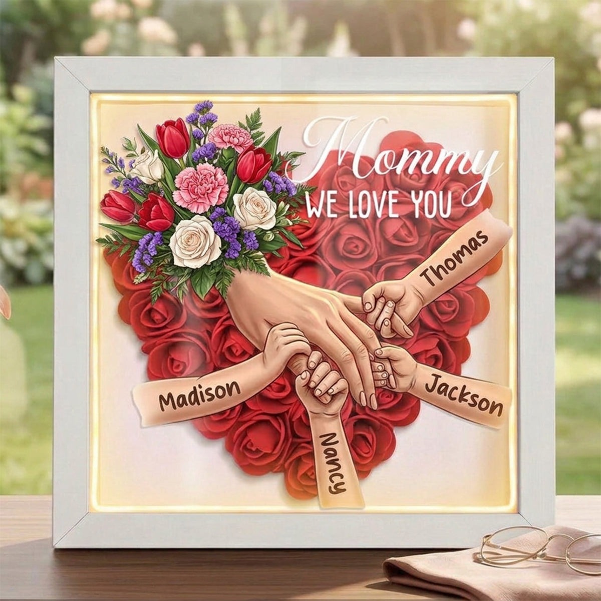 Tulips, White Roses & Carnations Personalized Mom Holding Hands Shadow Box – Custom Name Remembrance Frame, Mother’s Day In Loving Memory Gift