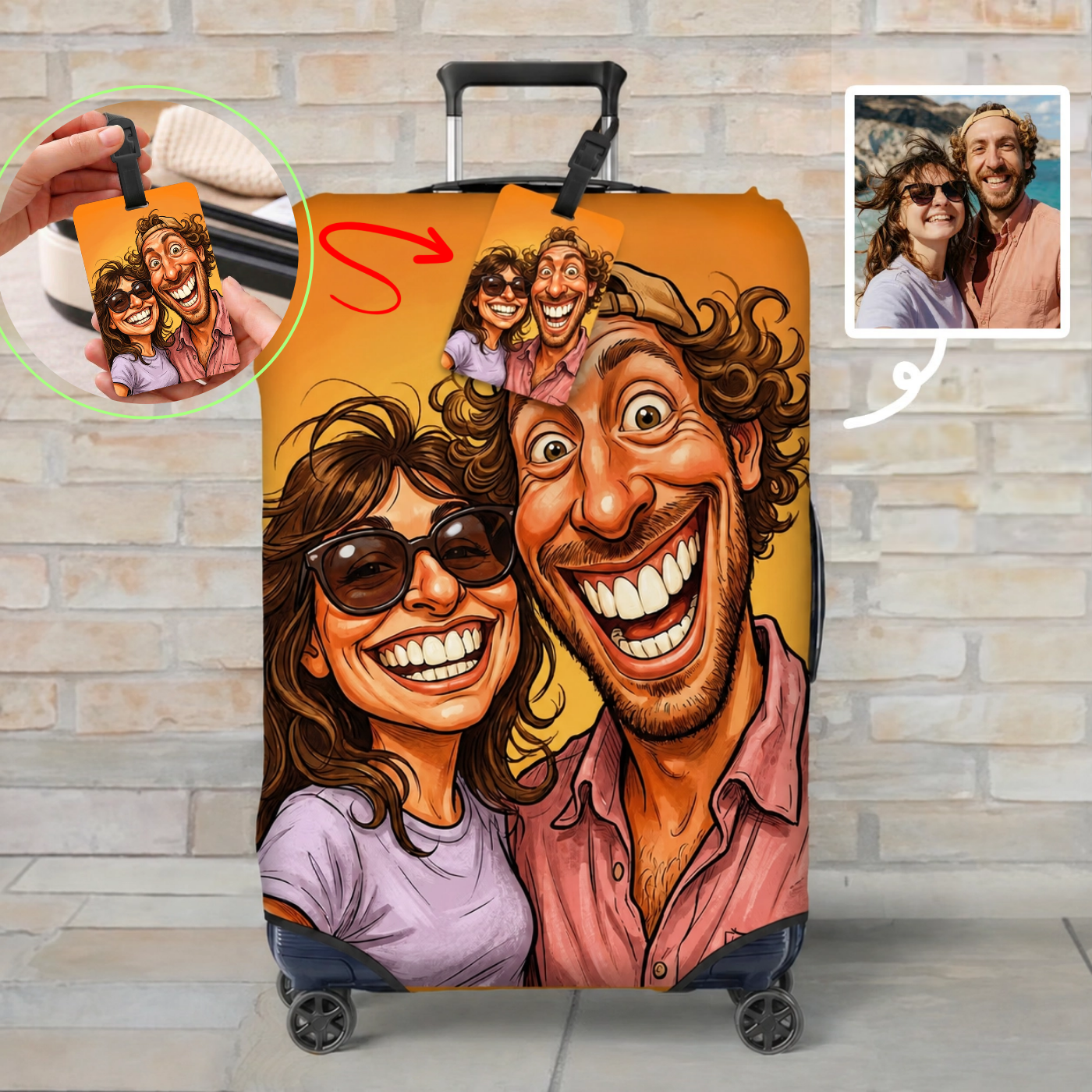 Personalized Comic Photo Suitcase Cover & Luggage Tag Set, Fits 18-32 Inch Suitcases-Unique Retro Cartoon Gift for Travel Lovers, Couples, Family.