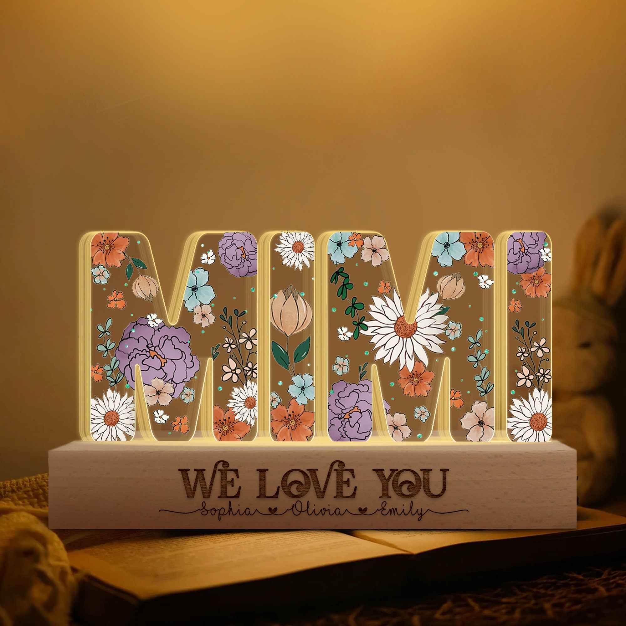 Custom Mother's Day Gift, Personalized Mom Flowers 3D LED Lights Mother's Day Gift for Grandma, Customized Gift for Nana