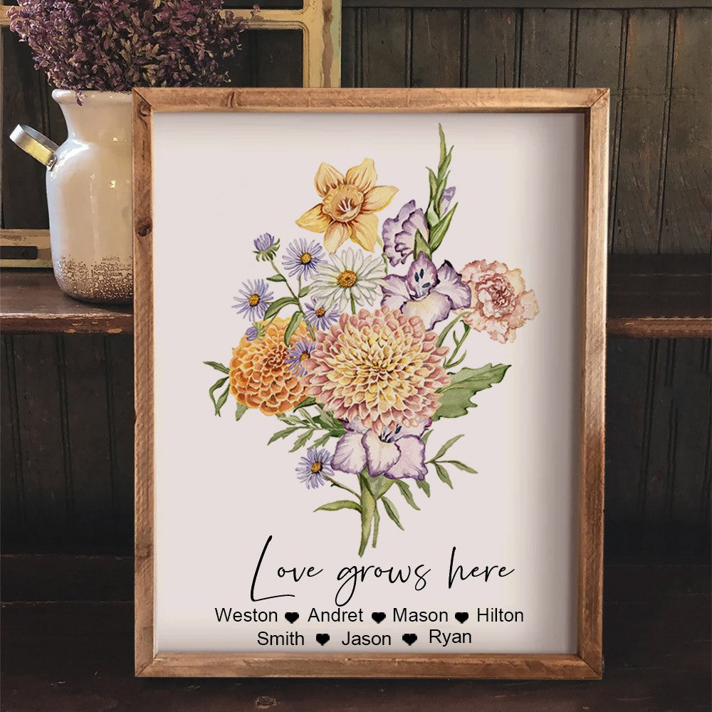 Mimi's Garden Birth Month Flowers Bouquet Custom Art Print with Kids Names Gifts