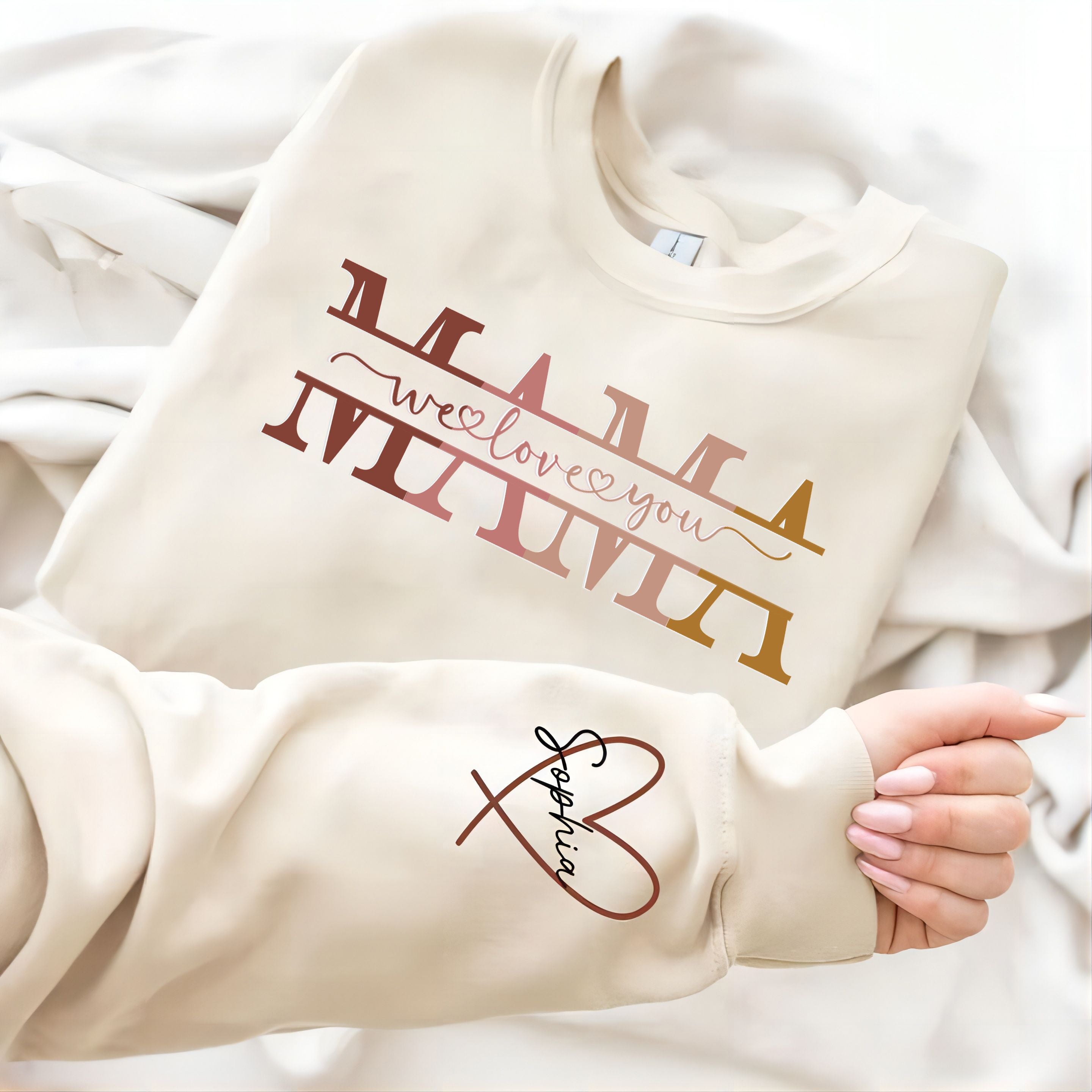 Personalized Wear Heart On Sleeve Mama we love you Sweatshirt with Kid Names on Sleeves-Mother's Day Sale