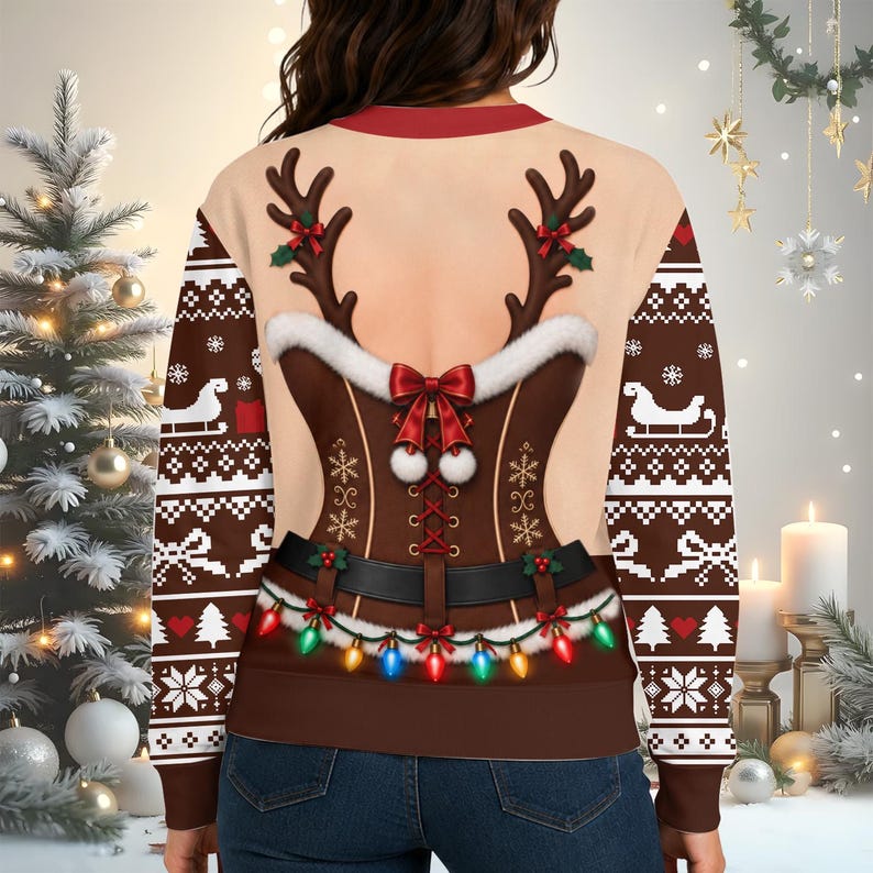 Christmas Sweatershirt for Women, Fake Ugly Xmas Sweater with Sexy Holiday Costume, Festive Party Fun Xmas Holiday Gift for Her